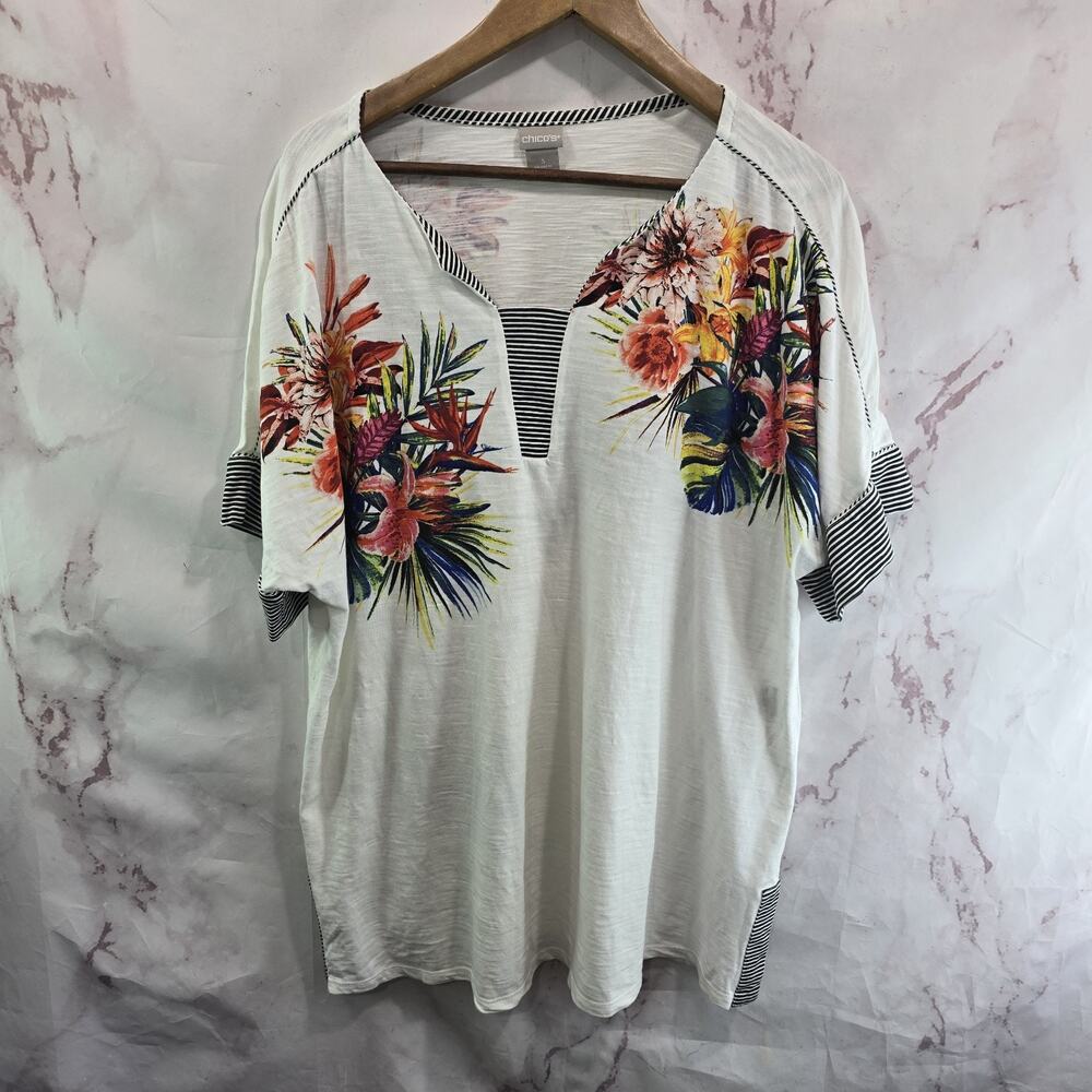 Chicos T Shirt Womens XL 3 White Navy Striped Floral V Short Sleeve Tunic